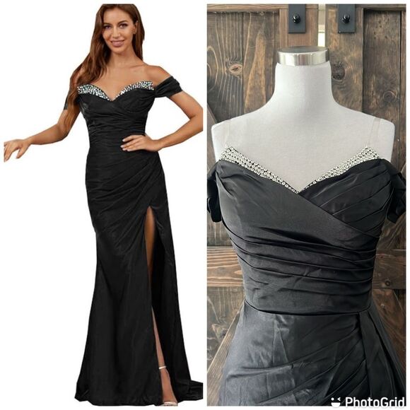 New Sexy Black Satin Off The Shoulder Pleated Long Prom Formal Dress - Picture 4 of 16